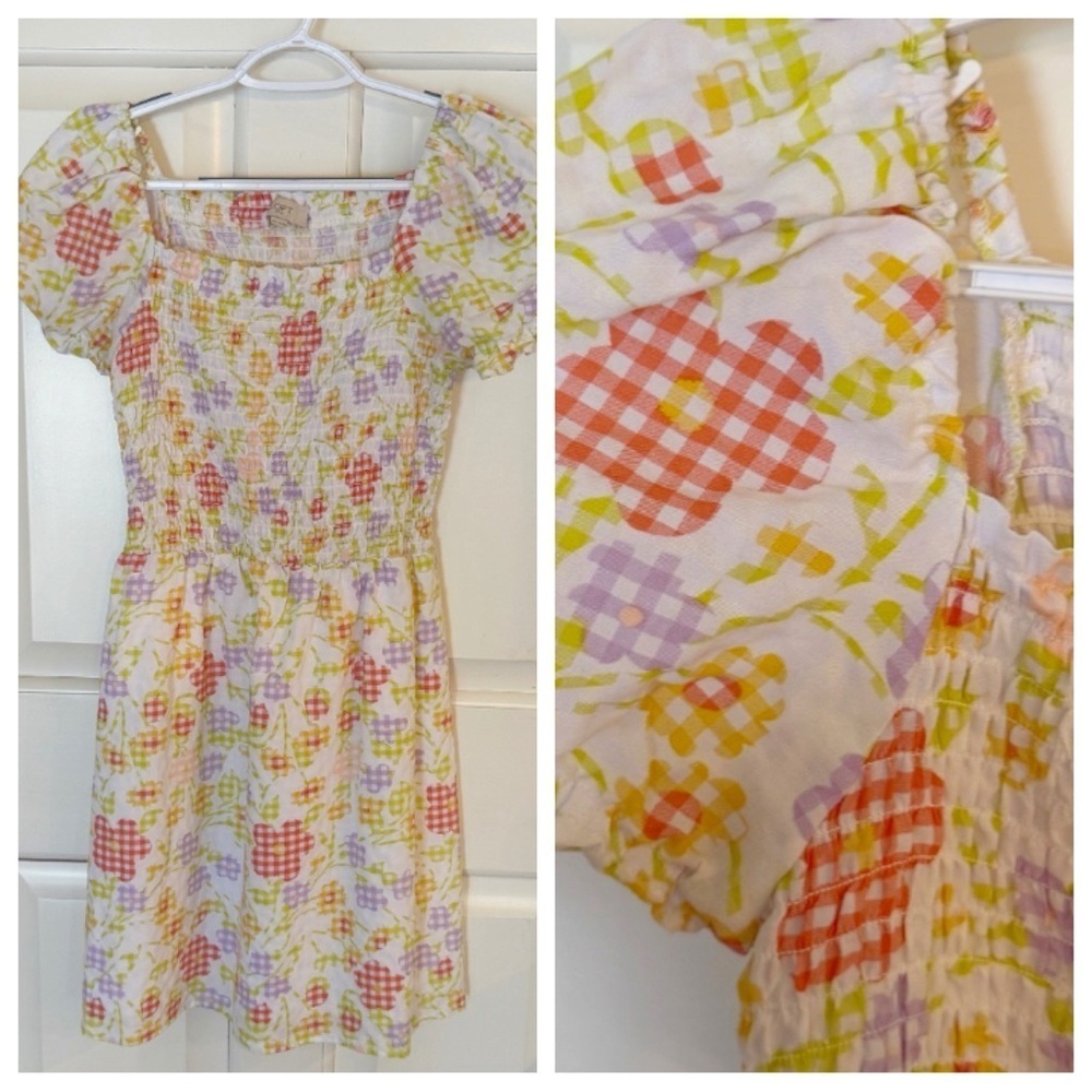 Ann Taylor LOFT Smocked gingham floral puff sleeve Babydoll Dress 31758